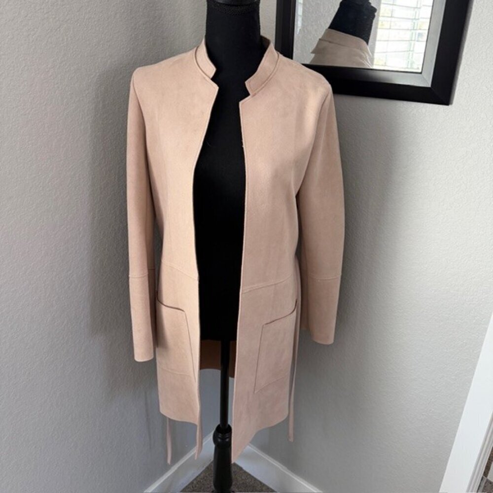 H&M Blush Pink Faux Suede Belted Jacket Coat Sz 6 - Picture 8 of 14